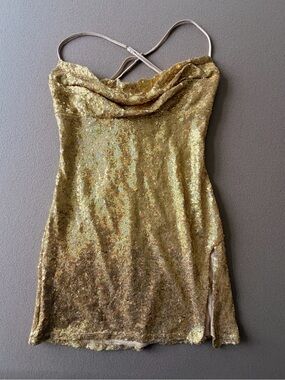 Lucy In the Sky Gold Sequin Slip Dress with Cowl Neck and adjustable straps